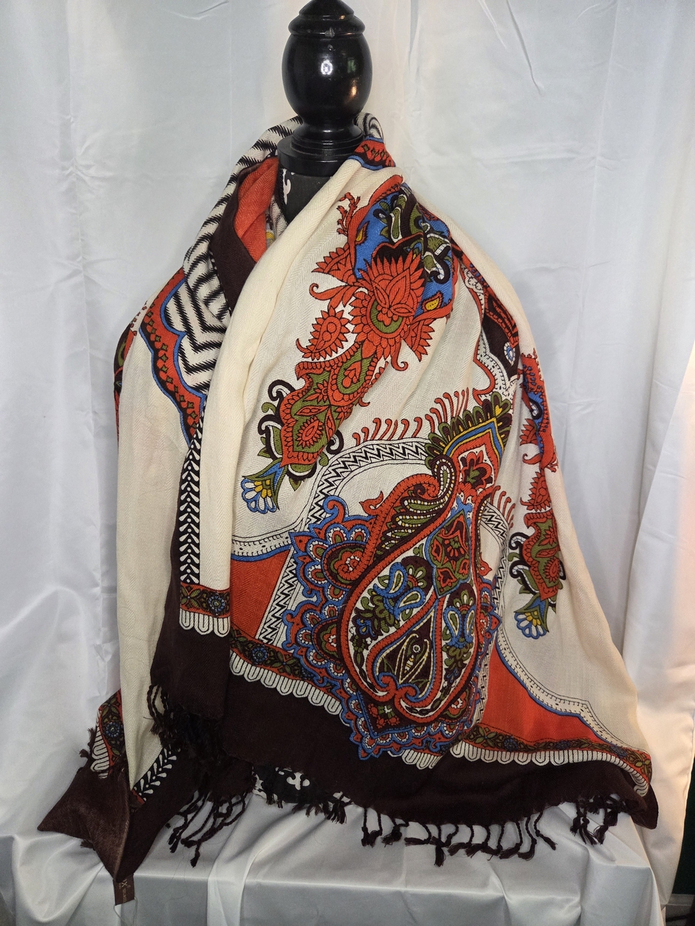 S124. Cream and Orange Paisley Fringe Wrap Scarf Extra Large